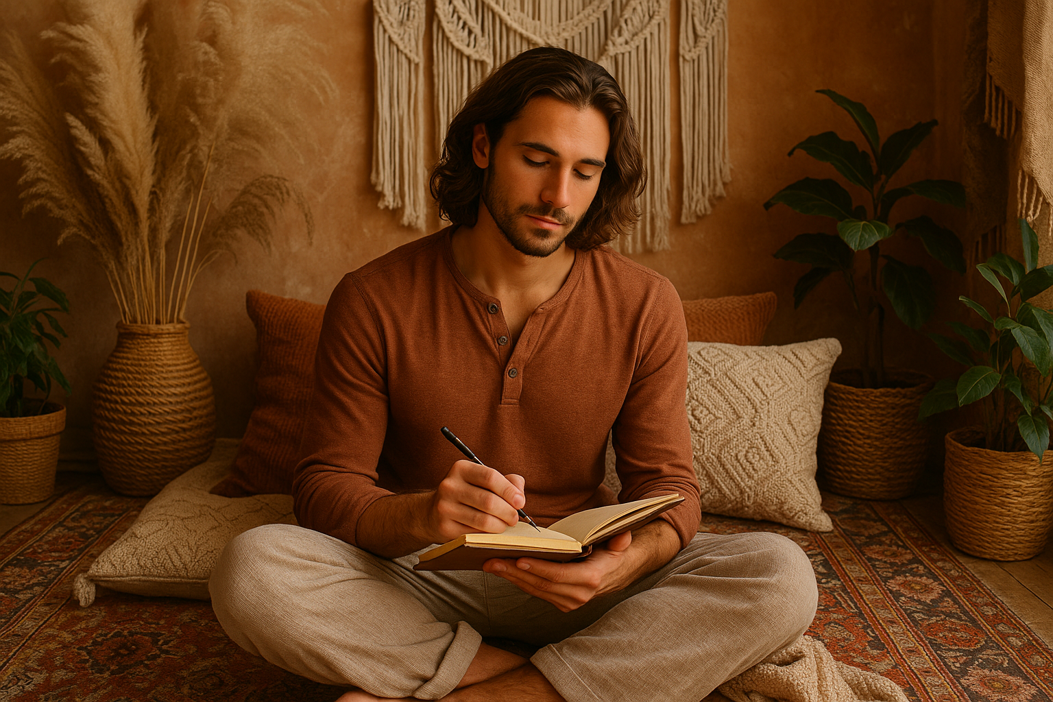 Beautiful man journaling in boho background